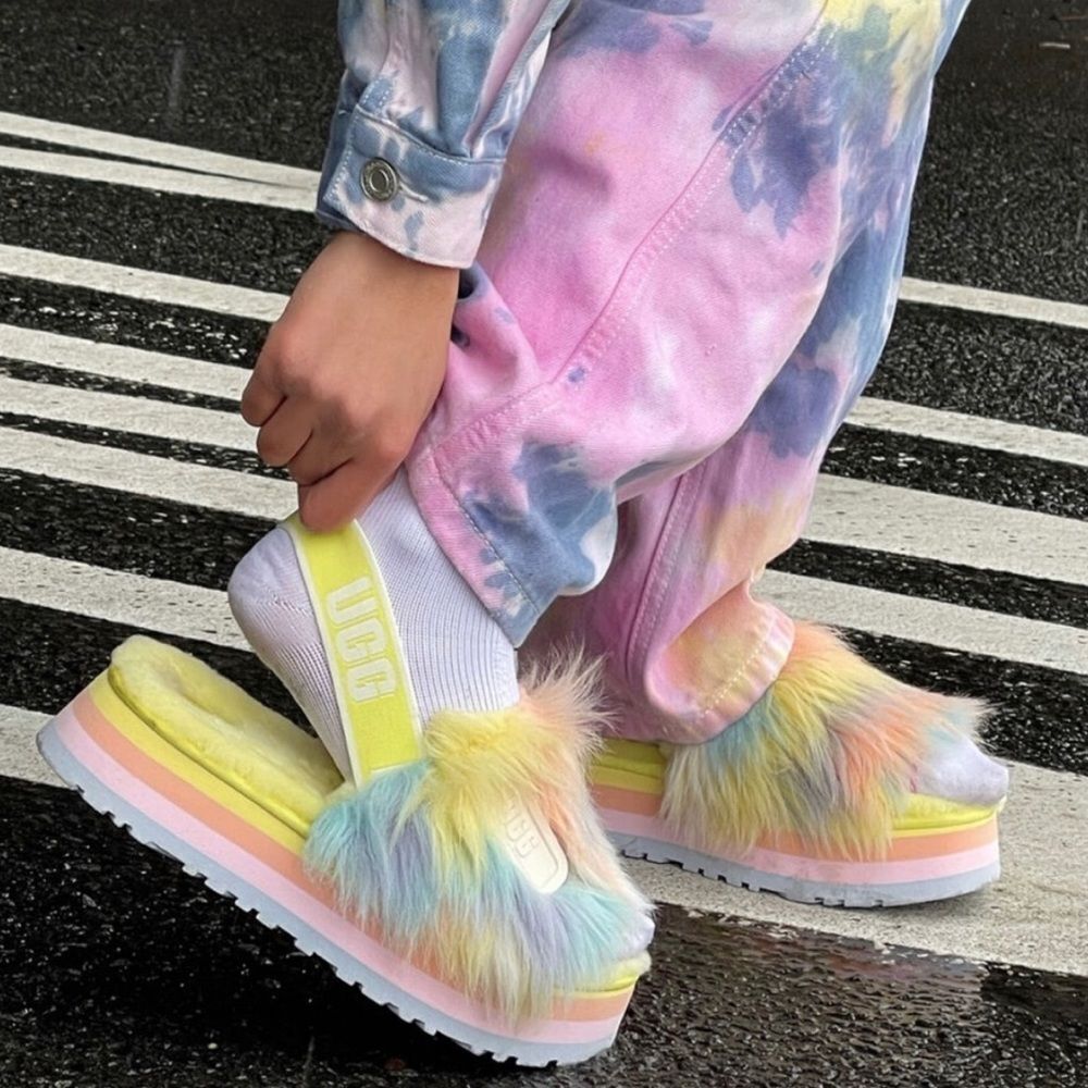 Sz 10 ugg disco fur  fluff slippers unicorn pastel tie dye slingback shoe